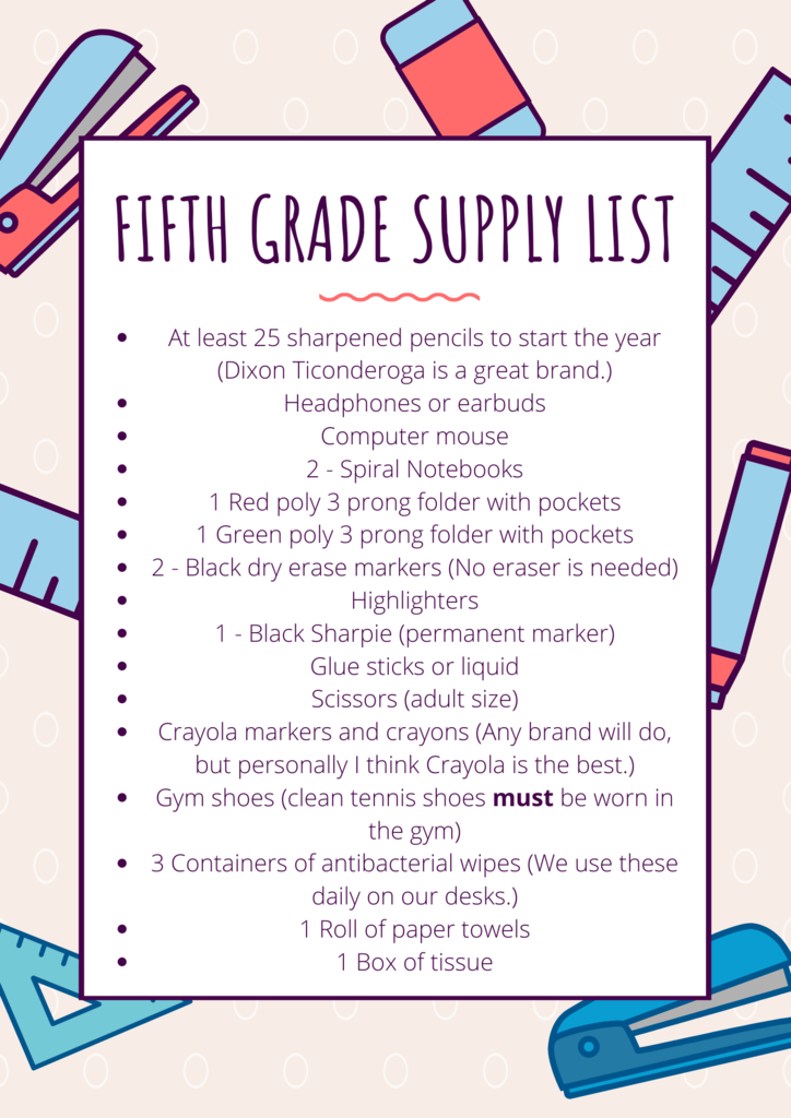 Fifth Grade Supply List 